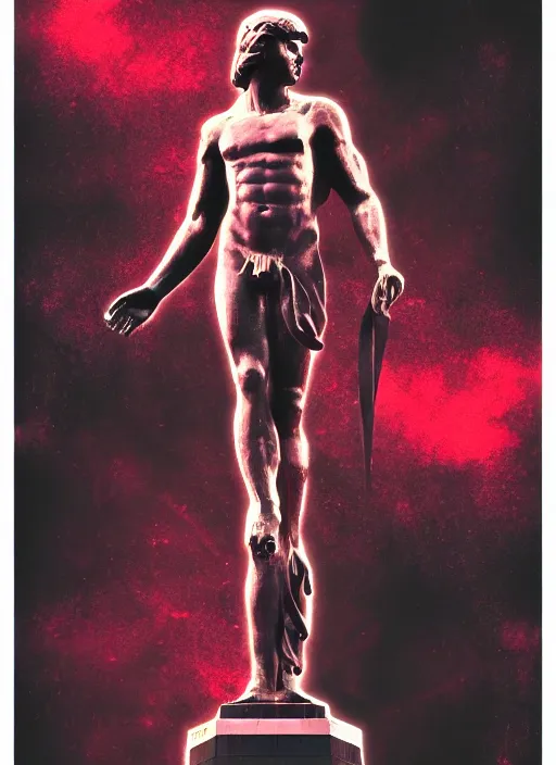 Prompt: dark design poster showing a statue of apollo, black background with very subtle red and purple design elements, powerful, nekro, vito acconci, thin straight lines, dark, glitch art, neo vaporwave, gritty, layout frame, square, trending on artstation