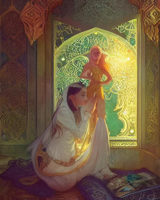 Image similar to an open quran highly detailed, gold filigree, romantic storybook fantasy, soft cinematic lighting, award, disney concept art watercolor illustration by mandy jurgens and alphonse mucha and alena aenami, pastel color palette, featured on artstation