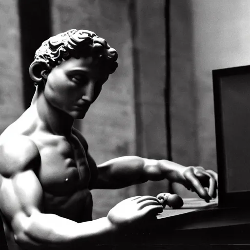 Image similar to A photo of Michelangelo’s sculpture of David wearing headphones DJing