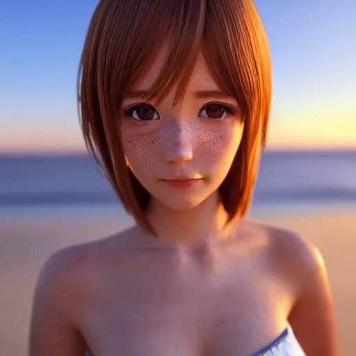 Image similar to Render of a very beautiful 3d anime girl, long hair, hazel eyes, cute freckles, full round face, short smile, cute sundress, golden hour, serene beach setting, medium shot, mid-shot, highly detailed, trending on Artstation, Unreal Engine 4k