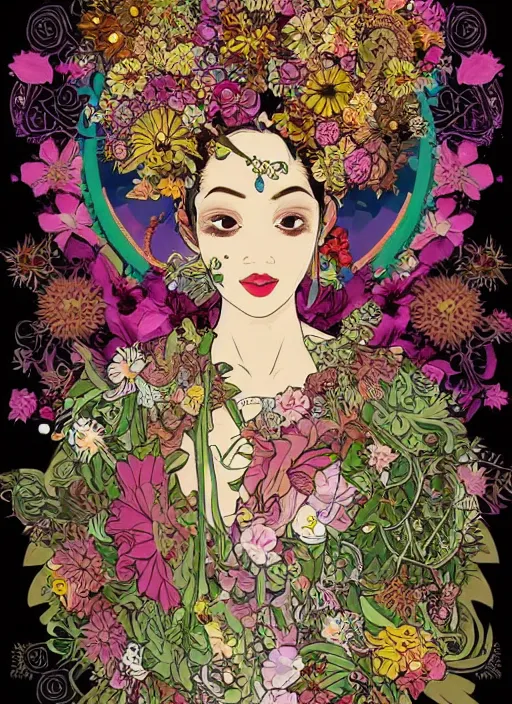 Prompt: !!! very coherent!!! vector art, beautiful floralpunk balinese cyborg portrait girl female illustration detailed patterns art of bali traditional dress, flower pop art, floral splash painting, art by geof darrow, ashley wood, alphonse mucha, makoto shinkai, dark shadow