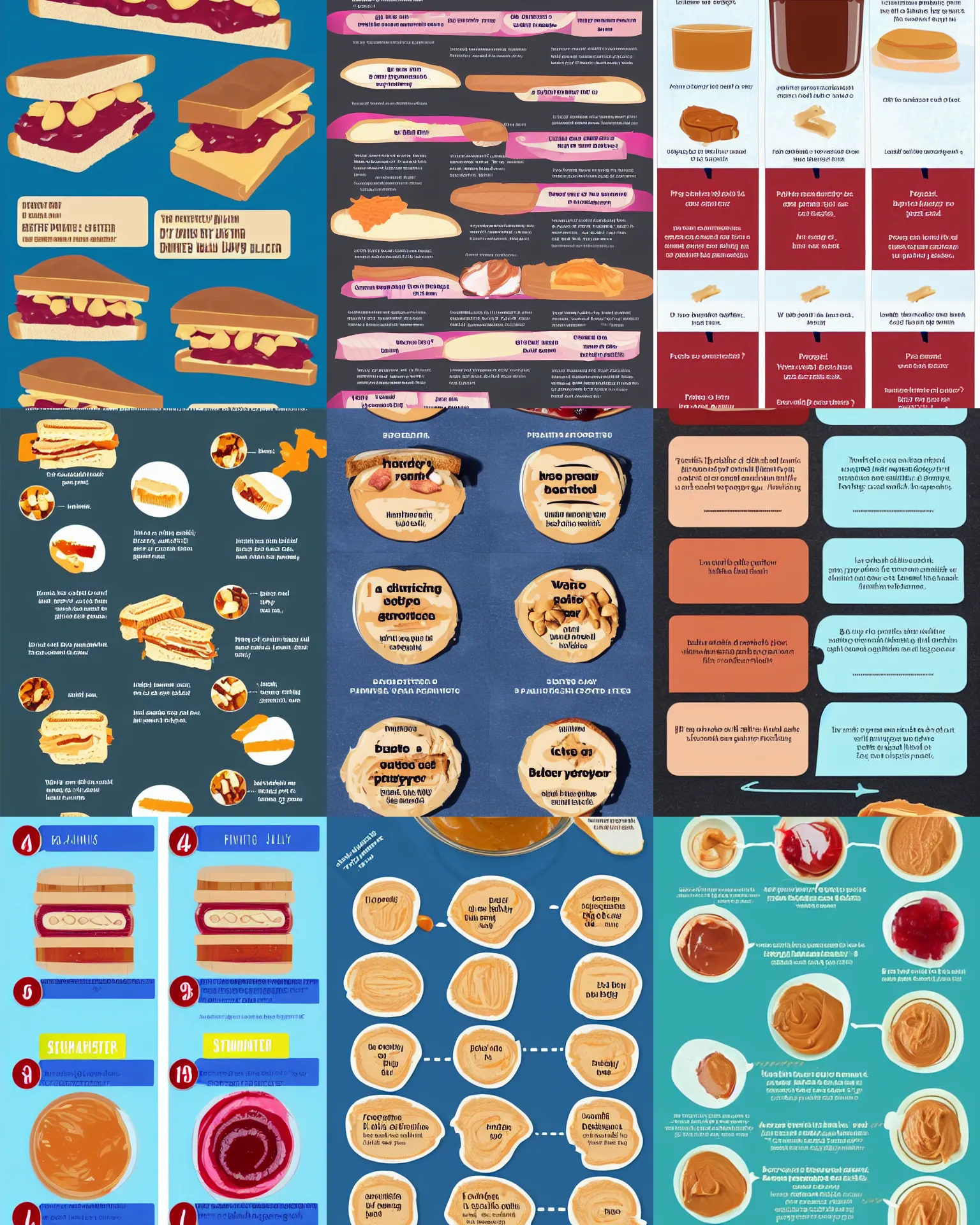 Prompt: an infographic showing detailed steps to make a peanut butter and jelly sandwich