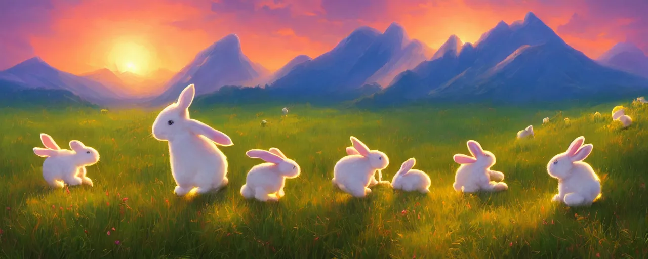 Image similar to cotton bunnies hopping around in a beautiful nature landscape with clouds, mountains, in background, sunset, by rhads