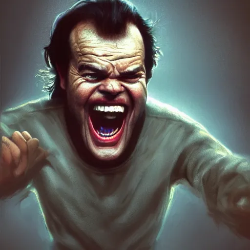 Image similar to Jack Nicholson Screaming as he is breaking out of the TV, highly detailed, excellent composition, cinematic concept art, dramatic lighting, trending on ArtStation