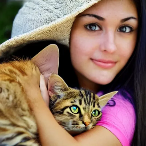 Image similar to a girl with long dark hair, big and shiny black eyes and her tabby cat, a stock photo by juan villafuerte and minerva j. chapman, pexels contest winner, high quality photo, rtx, hd, tumblr contest winner, anime, pretty, sensual