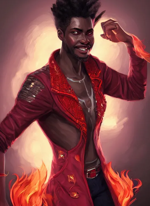 Image similar to a highly detailed illustration of attractive top cut haired african guy wearing red jacket, flaming eyes, dramatic smile pose, intricate, elegant, highly detailed, centered, digital painting, artstation, concept art, smooth, sharp focus, league of legends concept art, wlop