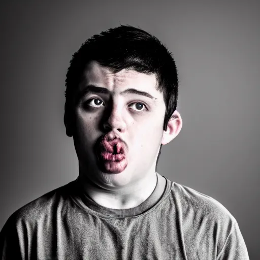 Prompt: portrait of down syndrome paul denino, sharp focus, 4 k editorial photograph, soft lighting, black background