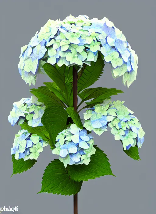 Prompt: an isolated hydrangea plant, 3 d rendered, art nouveau style, ultra realistic, masked transparent flat background, popular on sketchfab, pixelsquid, 8 k, volumetric lighting, super focused, no blur, trending on artstation, octane render, ultra detailed, hyperrealistic, by alphonse mucha