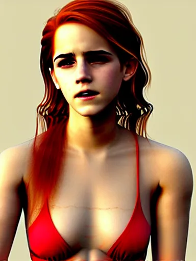 Image similar to highly detailed Red-haired beauty Emma Watson in a bikini , mid-shot ,pixiv , digital Art