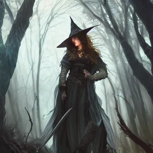 Prompt: cinematic side portrait witch, adventurer outfit large cloak, fantasy forest landscape, dragon scales in hair, supervillain, fantasy magic, undercut hairstyle, dark light night, intricate, elegant, sharp focus, illustration, highly detailed, digital painting, concept art, matte, art by WLOP and Artgerm and Greg Rutkowski and Alphonse Mucha, masterpiece