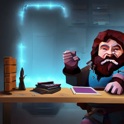 Image similar to A dwarf peeking over his desk surprised like Killroy, the desk is covered in scattered letters, deep rock galactic screenshot, low poly, digital art.