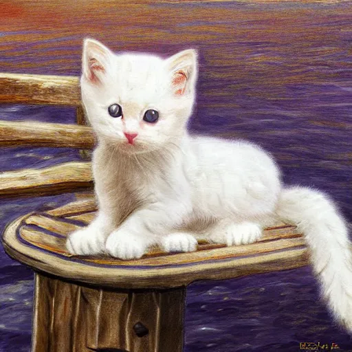 Image similar to a small white kitten at the wharf in San Francisco, fantasy illustration,