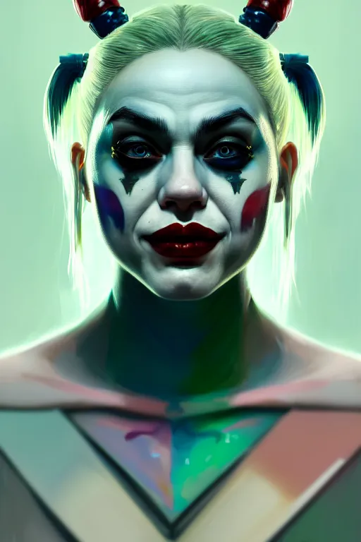 Image similar to ultra detailed close up facial portrait of harley quinn, green eyes, sharp bone structure, extremely detailed digital painting, in the style of fenghua zhong and ruan jia and jeremy lipking and peter mohrbacher, mystical colors, rim light, beautiful lighting, 8 k, stunning scene, raytracing, octane, trending on artstation