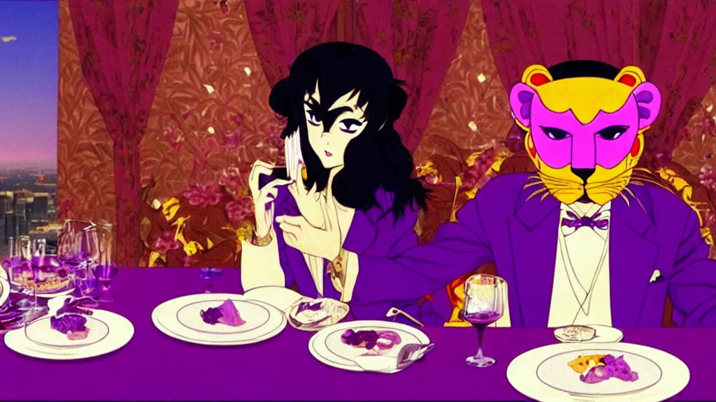 Image similar to a woman wearing a purple dress suit and a purple lion mask eating dinner at a fancy restaurant in Tokyo, anime film still from the an anime directed by Katsuhiro Otomo with art direction by Salvador Dalí, wide lens