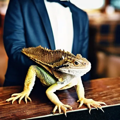 Prompt: a bearded dragon standing up, wearing a suit and tie in a restaurant