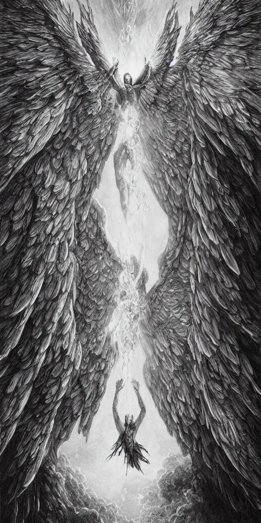 Prompt: burning wings of mighty angel lucifer falling from the heavens, elegant, beautiful, engraving, concept art, elden ring, illustration, smooth, sharp focus, by gustave dore and greg rutkowski, hyper realistic, ephemeral, dramatic lighting, fantasy art, in the style of midjourney, intricate, alphonse mucha, hyper detailed