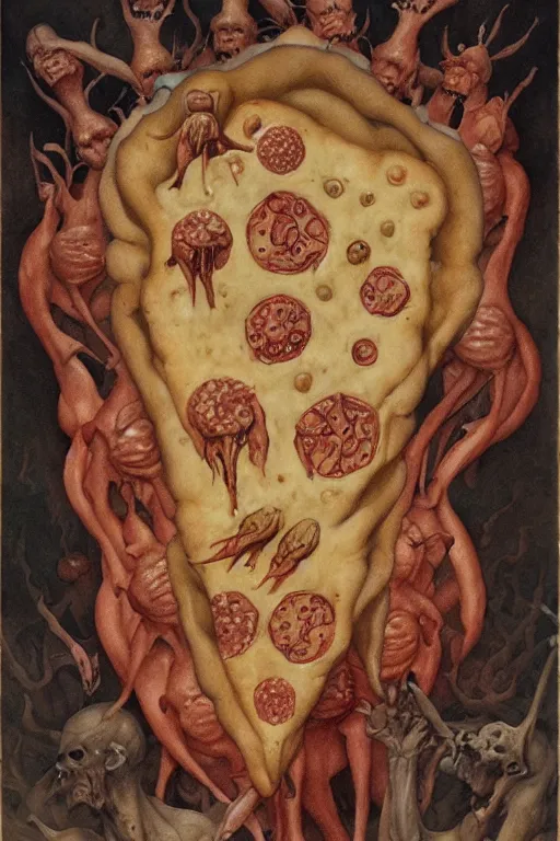 Image similar to an pizza in the style of wayne barlowe, gustav moreau, goward, bussiere, roberto ferri, santiago caruso, luis ricardo falero, austin osman spare