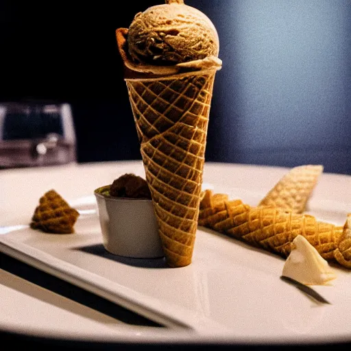 Image similar to photograph of a formal presentation of an ice cream cone on a plate at a fancy avant-garde restaurant