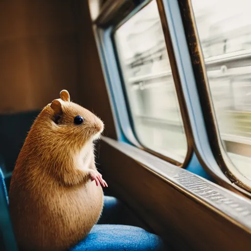 Image similar to photo of a train interior, a brown hamster is sitting on a seat in a train, various poses, unedited, soft light, sharp focus, 8 k