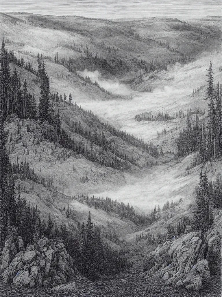 Image similar to an engraving of yellowstone national park by gustave dore and albrecht durer highly detailed, fog, depth, lithograph engraving