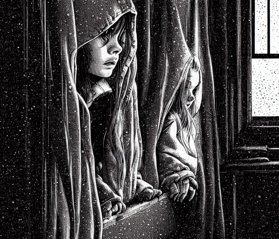 Image similar to sadie sink in hoodie sits on windowsill, knees tucked in | rain falls at night : storyboard, scifi cyberpunk. by joe alves, gabriel hardman, chris bonura. cinematic atmosphere, detailed and intricate, perfect anatomy