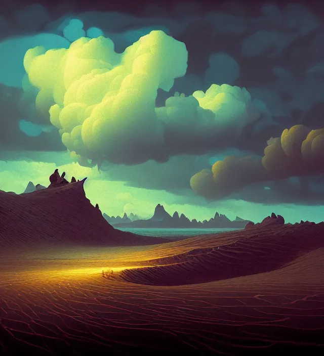 Prompt: a 🌊 swirling in the sky above a barren 🏜 by ivan shishkin and zacharias aagaard and simon stalenhag and dan mumford, chiaroscuro, tonalism, sfumato, high saturation, retrowave