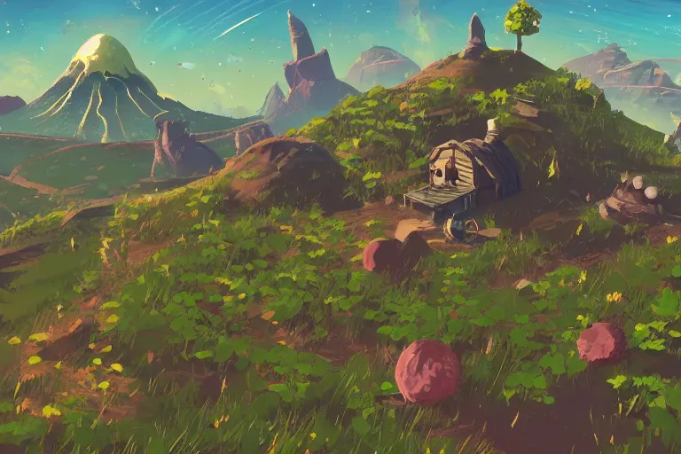 Image similar to detailed game art, a small planet in the future, a Tinker's shack on a barren planet, wild berry vines, a berry farm, space junk, volcanoes, in the style of No Man's Sky and Breath of the Wild