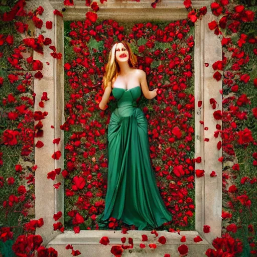 Image similar to full body image of a beautiful woman covered in ivy and red roses, ornate gown standing in a bed of roses, rim light, dynamic lighting, etherial lighting, ultra - detail, concept art, elegant