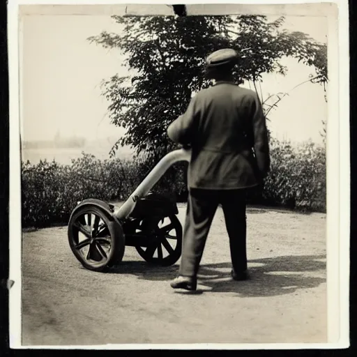 Image similar to photograph of an eldery gentleman towing a howitzer! artillery! which is connected to his mobility scooter, on a street