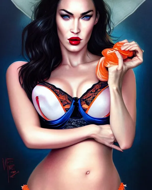 Prompt: megan fox with heavy eye makeup and pink glossy lipstick, seductive lingerie camisole, intricate, glamorous fashion pose, sharp focus, illustration, highly detailed, digital painting, concept art, art by wlop and artgerm and ross tran, masterpiece, fritz willis, vargas, blue and orange and white and black colors, charlie bowater, loish