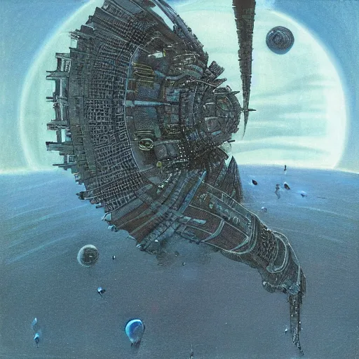 Image similar to intricate, spaceship in orbit of a alien planet, style by caspar david friedrich and wayne barlowe and ted nasmith.