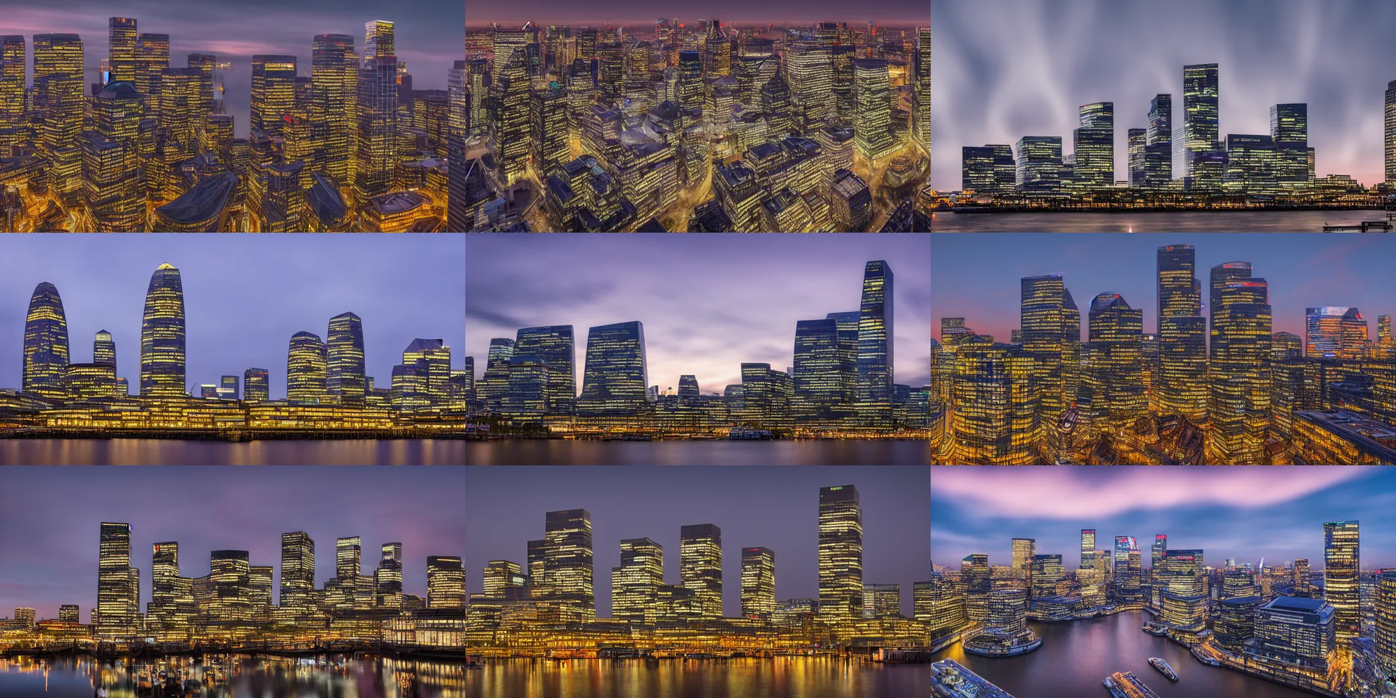 Prompt: detailed photograph of Canary Wharf in London at dusk, cirrus clouds, photography by a famous photographer, long exposure, low-angle view, ultrawide