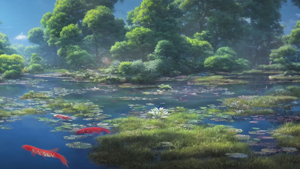 Prompt: a ultradetailed beautiful matte painting showing a close view of a peaceful pond with a clear water and amazingly beautiful carp koi, anime, high resolution 4 k, by makoto shinkai, charli bowater and artgeem