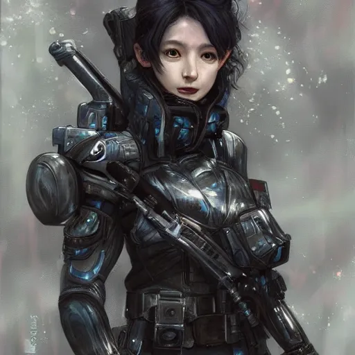 Image similar to portrait of an elf girl by ayami kojima, she is about 2 0 years old, mixture between british and japanese, black bob hair, and she is wearing a modern tactical gear, scifi, highly detailed portrait, digital painting, artstation, concept art, smooth, sharp foccus ilustration, artstation hq