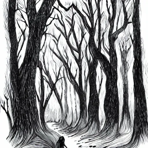 Image similar to forest illustration, full body, dark fantasy, black ink on white paper, sketched 4k