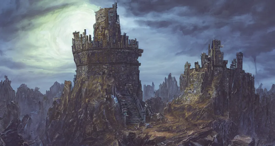 Image similar to concept art of'the watchtower of the golden key'from the modern supernatural arcane magical thriller tabletop rpg'mage : the awakening ', by david mattingly and alan lee and michael whelan and michael william kaluta and francisco goya. realistic 8 k matte painting with photorealistic hd lighting.