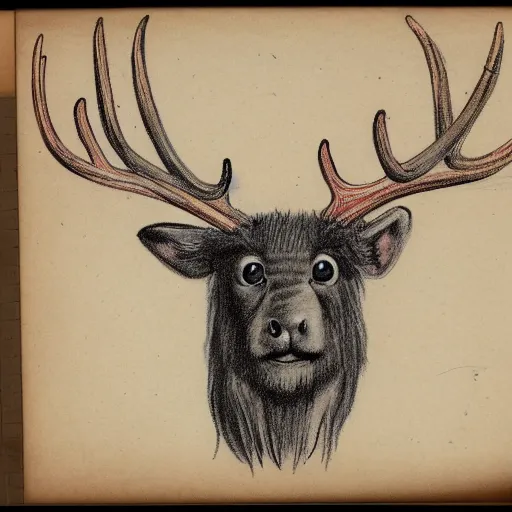 Image similar to professional vintage, detailed, colored sketch of a fuzzy creature with antlers, full descriptions, on parchment, 8K, HD