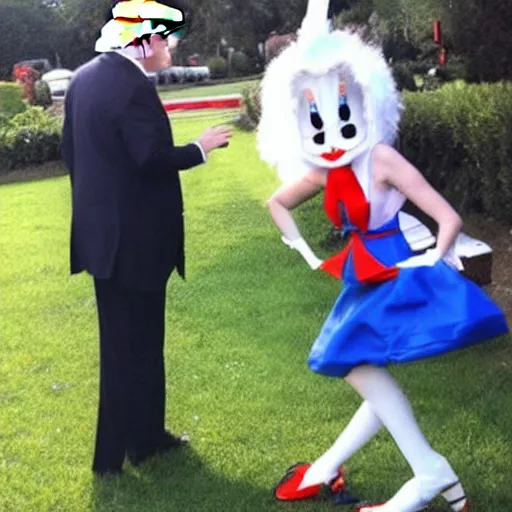 Image similar to paparazzi photo Donald Trump cosplay as Bugs Bunny! spying on children at a birthday party, high quality, good lighting, masterpiece, beautiful beautiful beautiful beautiful beautiful