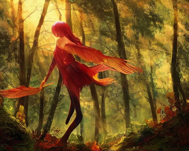Prompt: a Phoenix girl with two red wings flying though a forest in the air, sunlit, wide, trees, streams, matte painting, digital illustration, very vibrant colors, soft lighting, adventurous, atmospheric lighting, 8K, octane render. By Makoto Shinkai, Stanley Artgerm Lau, WLOP, Rossdraws, James Jean, Andrei Riabovitchev, Marc Simonetti, krenz cushart, Sakimichan, D&D trending on ArtStation, digital art.