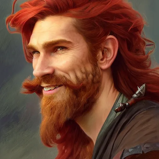 Image similar to portrait of a young ruggedly handsome but joyful pirate, male, masculine, upper body, red hair, long hair, d & d, fantasy, giddy smirk, intricate, elegant, highly detailed, digital painting, artstation, concept art, matte, sharp focus, illustration, art by artgerm and greg rutkowski and alphonse mucha