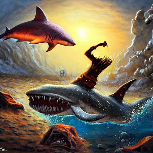 Image similar to a giant trypophobia shark worm attacks warriors in a snowy desert by the tony sart