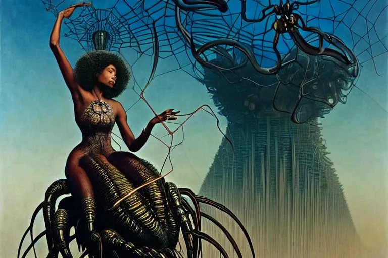 Image similar to realistic detailed portrait movie shot of a beautiful black woman riding a giant spider, dystopian city landscape background by denis villeneuve, amano, yves tanguy, alphonse mucha, max ernst, ernst haeckel, kehinde wiley, caravaggio, jean delville, david lynch, roger dean, cyber necklace, rich moody colours, sci fi patterns, dramatic, wide angle