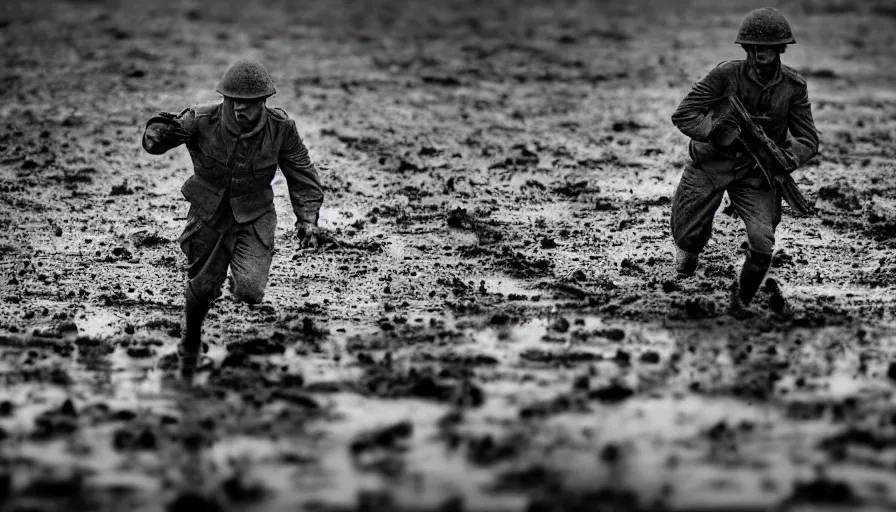 Image similar to screaming World War 1 soldier running away, wartorn landscape, lots of mud puddles and craters, bullets whizzing past camera, dirty lens, cinematic lighting, IMAX close-up of face, cinematography, 35mm