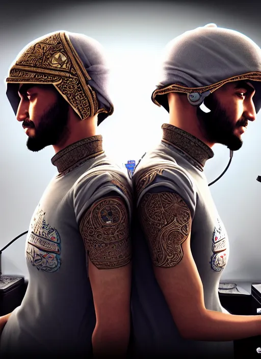 Image similar to portrait, twins playing video games, sheik mohammad ruler of dubai, hyperdetailed illustration by irakli nadar and alexandre ferra, intricate linework, unreal engine 5 highly rendered, global illumination, detailed and intricate environment