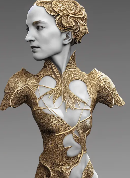 Prompt: marble sculpture of beautiful woman, mandelbulb, hypercube, ivory carving, fractal paisley inlay, lace, intricate, elegant, highly detailed, gold inlay, metallic, ivory, artgerm, lace, by ruan jia, greg rutkowski, mucha, zbrush, nick alm