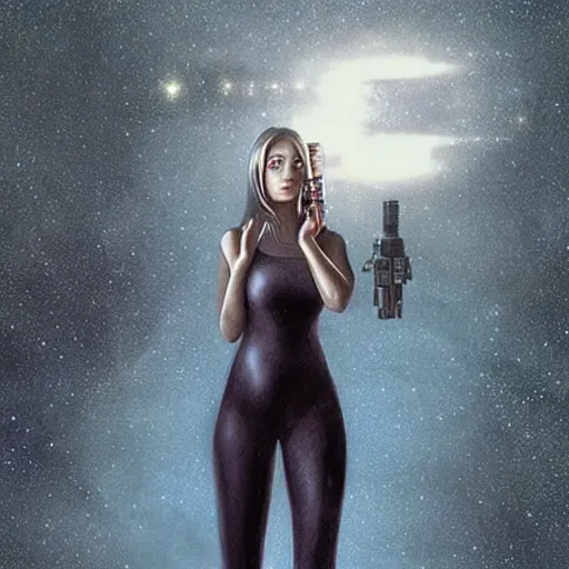 Image similar to pleiadian woman with big eyes and long silver hair wearing a dark body suit and holding a plasma gun standing in barren fields, sci fi portrait art by greg rutkowski