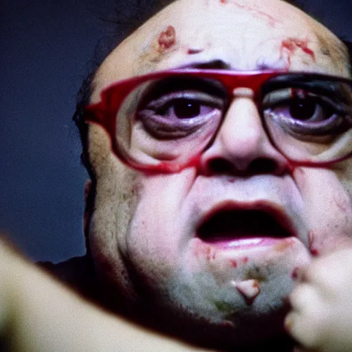 Image similar to zombie danny devito in fight club, anamorphic lens, cinestill colour