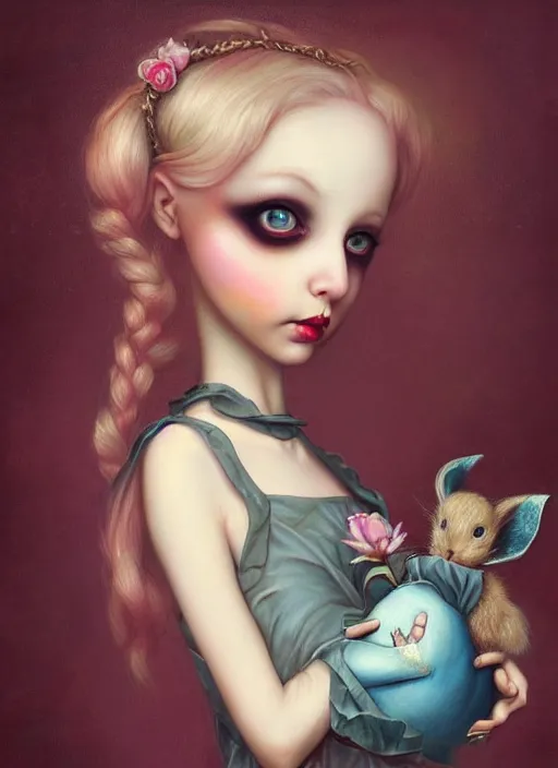 Image similar to pop surrealism, lowbrow art, realistic cute alice girl painting, holding a bunny, hyper realism, muted colours, rococo, natalie shau, loreta lux, tom bagshaw, mark ryden, trevor brown style,