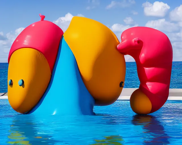 Prompt: a giant abstract sculpture made out of inflatable pool toys in a human head shape, on the surface of the ocean, in the style of chad knight, funny sculpture, long shot, hyper detailed, hyper realistic, ray tracing, 8 k resolution, sharp focus, realistic water, award winning sculpture