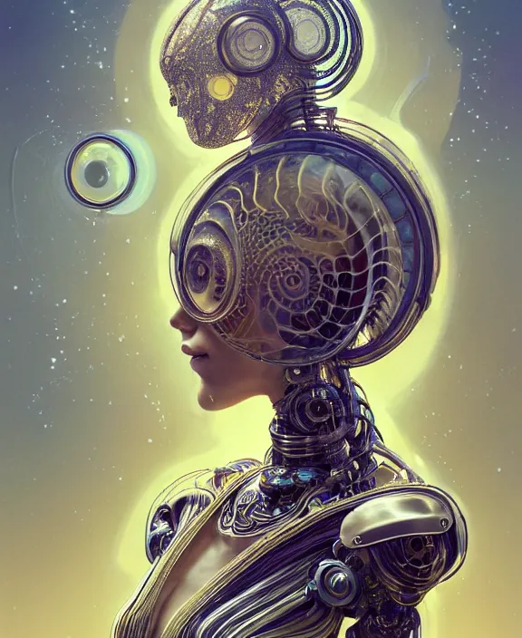 Prompt: intricate ornate opulent transparent clear see - through portrait of a robot beautiful alien nautilus, mottled coloring, adorable, childlike, pastoral environment, ultra realistic, concept art, art nouveau, photorealistic, octane render, 8 k, unreal engine. art by christopher marley and artgerm and greg rutkowski and alphonse mucha